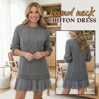 ✨Kabelstickad Chiffongklänning Med Rund Halsringning
